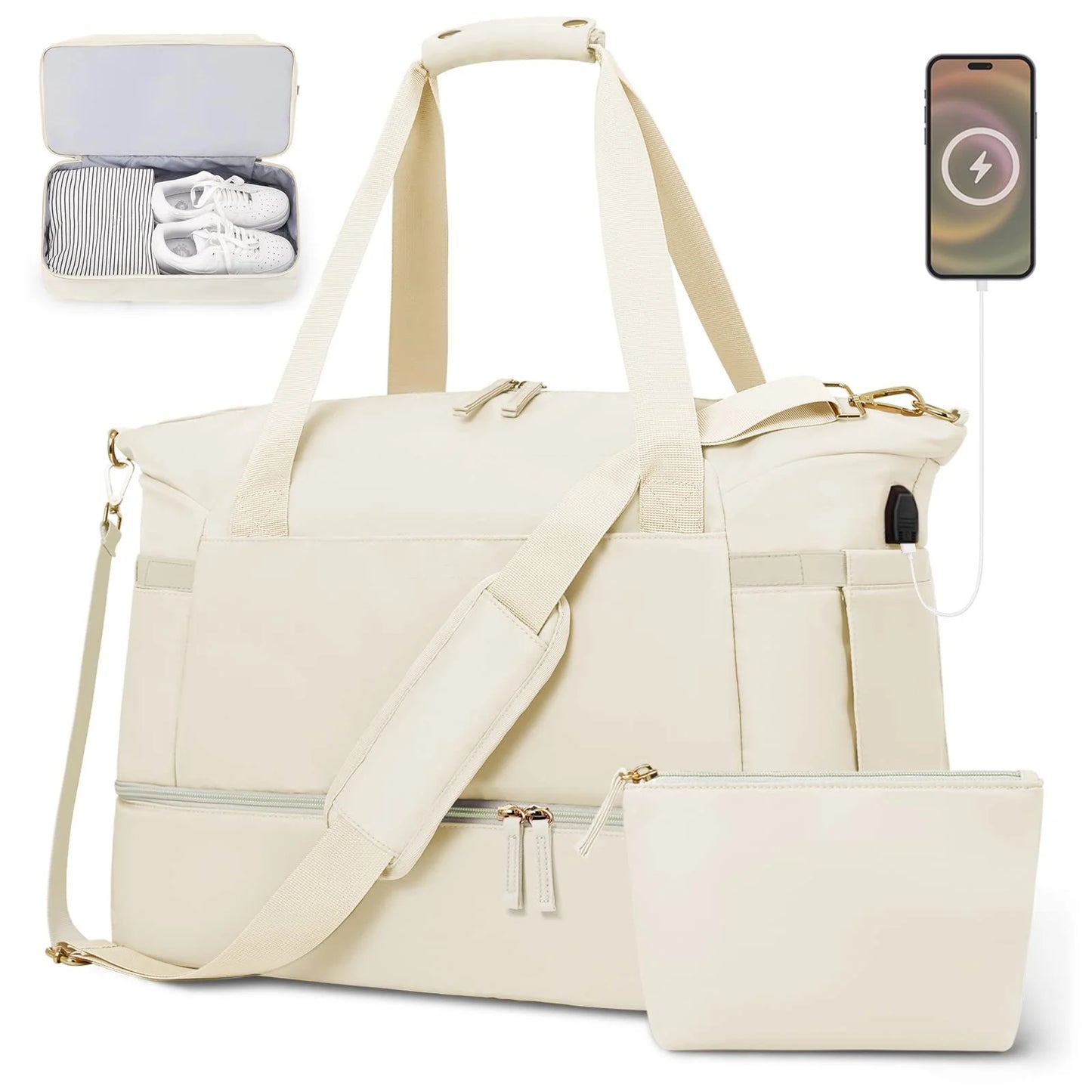 Travel Duffel Bag for Women Gym Bag with USB Charging Port Large Weekender Overnight Bag Yoga Duffle Bags with Wet Pocket and Shoes Compartment, Beige