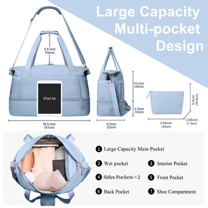 Travel Duffel Bag for Women Gym Bag with USB Charging Port Large Weekender Overnight Bag Yoga Duffle Bags with Wet Pocket and Shoes Compartment, Blue
