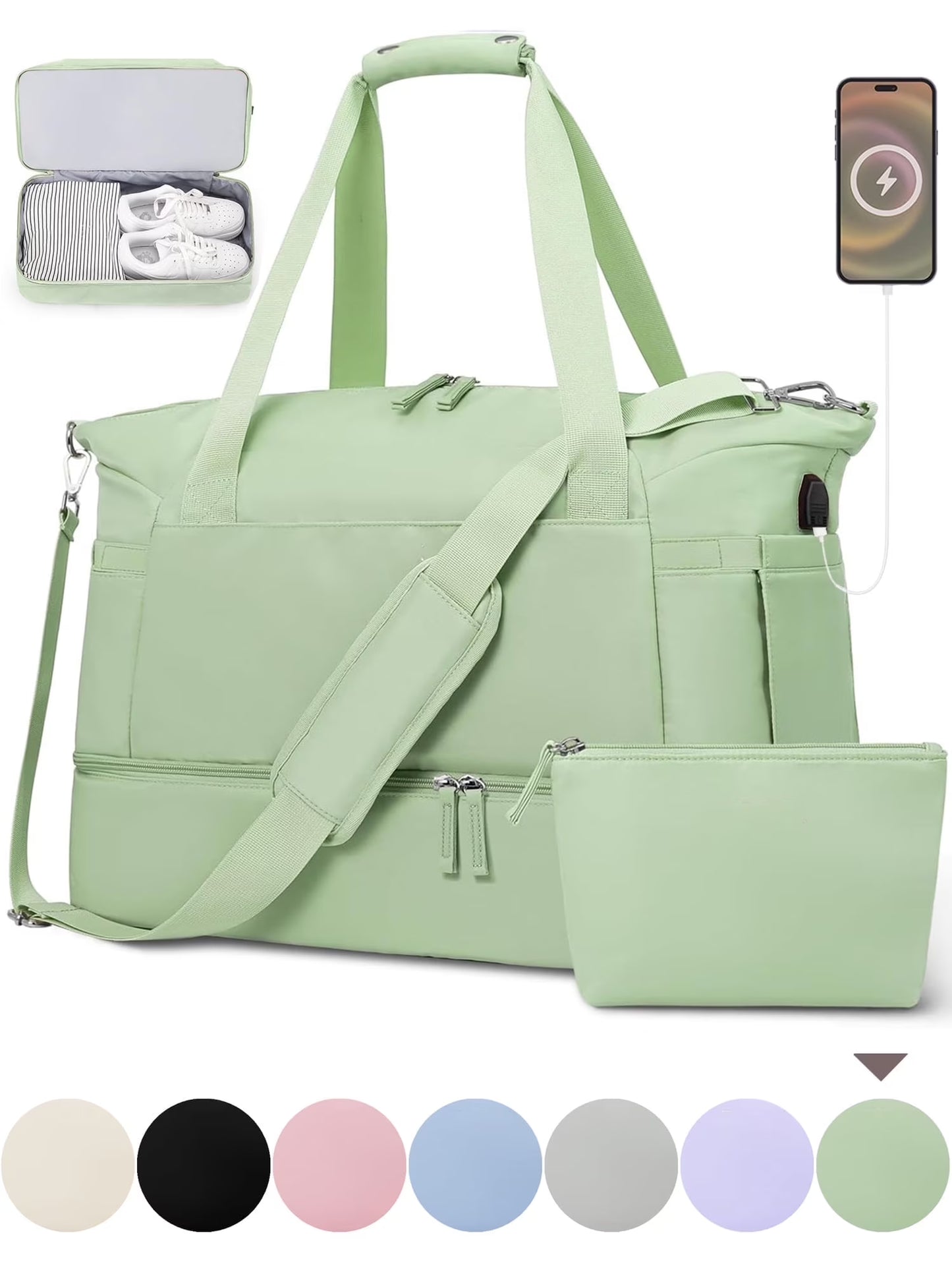 Travel Duffel Bag for Women Gym Bag with USB Charging Port Large Weekender Overnight Bag Yoga Duffle Bags with Wet Pocket and Shoes Compartment, Green
