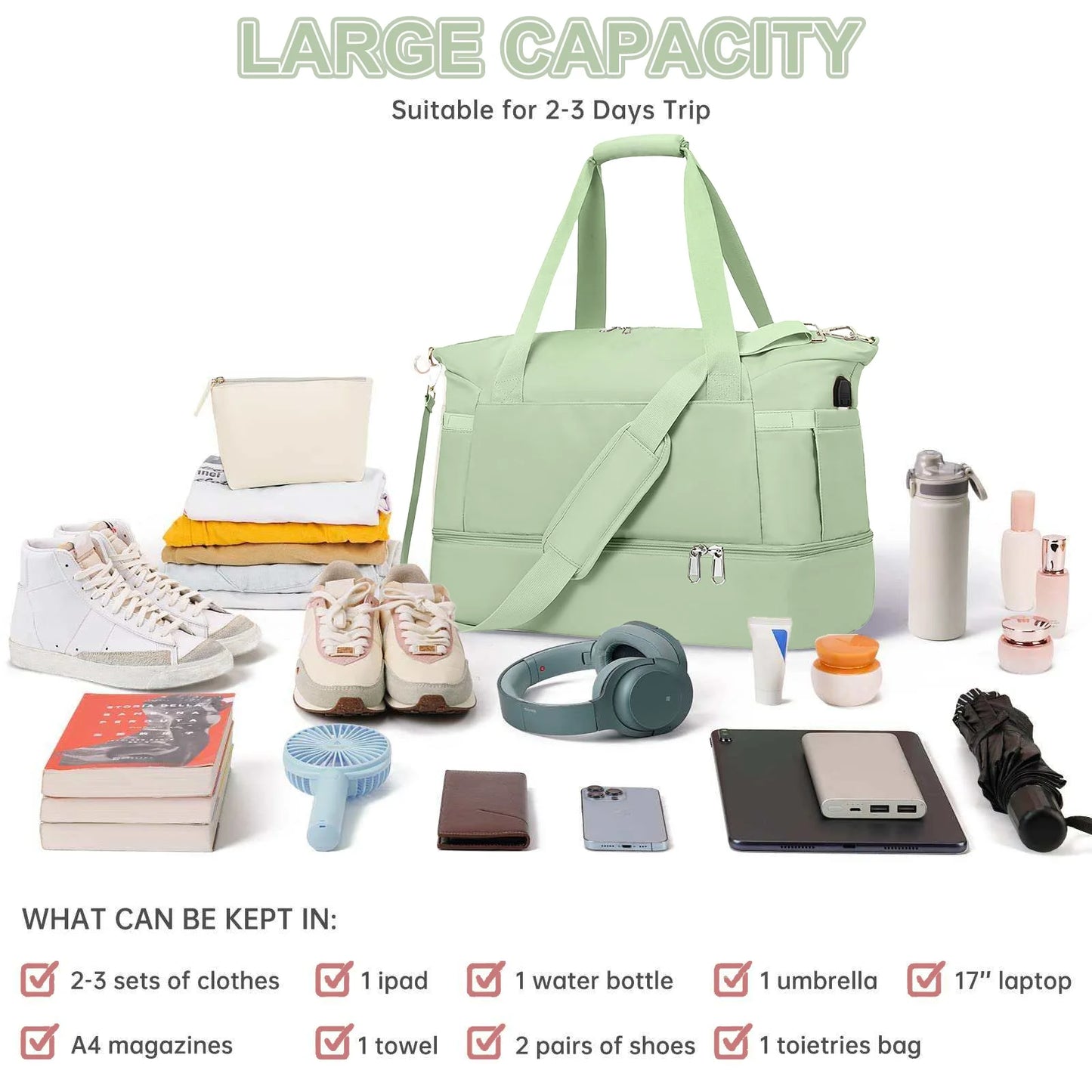 Travel Duffel Bag for Women Gym Bag with USB Charging Port Large Weekender Overnight Bag Yoga Duffle Bags with Wet Pocket and Shoes Compartment, Green