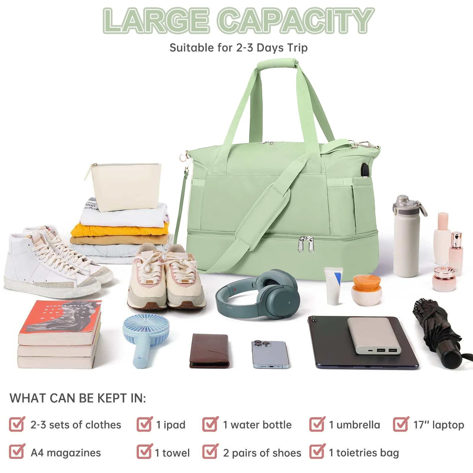 Travel Duffel Bag for Women Gym Bag with USB Charging Port Large Weekender Overnight Bag Yoga Duffle Bags with Wet Pocket and Shoes Compartment, Green