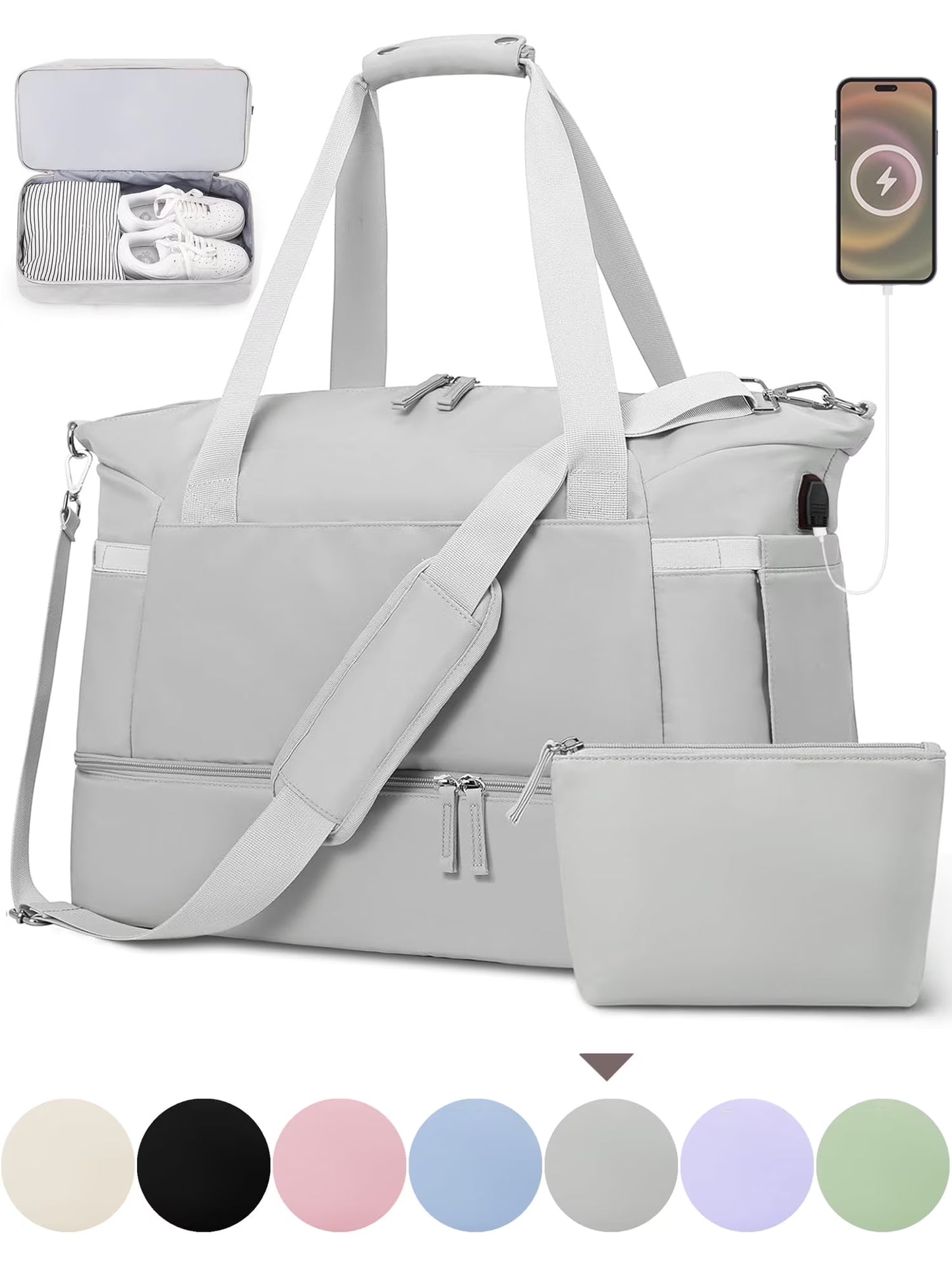 Travel Duffel Bag for Women Gym Bag with USB Charging Port Large Weekender Overnight Bag Yoga Duffle Bags with Wet Pocket and Shoes Compartment, Gray