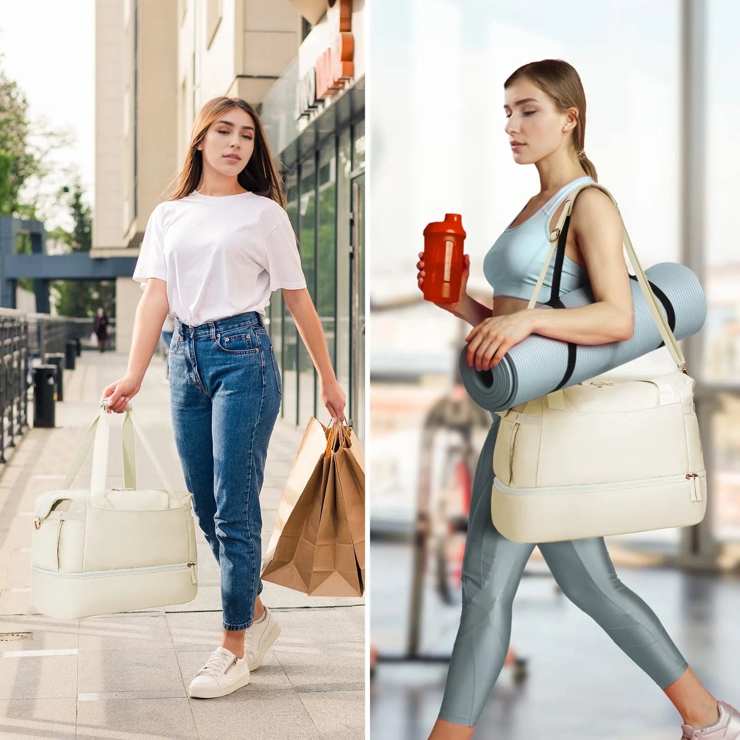 Travel Duffel Bag for Women Gym Bag with USB Charging Port Large Weekender Overnight Bag Yoga Duffle Bags with Wet Pocket and Shoes Compartment, Beige