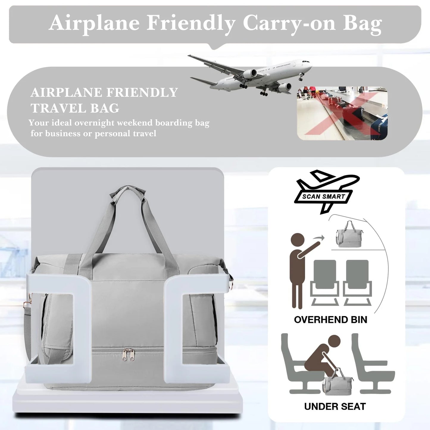 Travel Duffel Bag for Women Gym Bag with USB Charging Port Large Weekender Overnight Bag Yoga Duffle Bags with Wet Pocket and Shoes Compartment, Gray