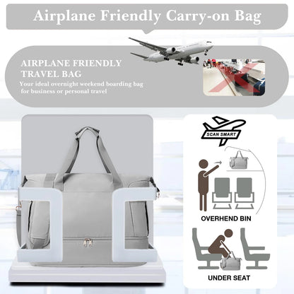 Travel Duffel Bag for Women Gym Bag with USB Charging Port Large Weekender Overnight Bag Yoga Duffle Bags with Wet Pocket and Shoes Compartment, Gray