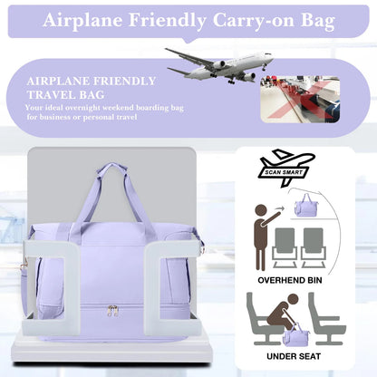 Travel Duffel Bag for Women Gym Bag with USB Charging Port Large Weekender Overnight Bag Yoga Duffle Bags with Wet Pocket and Shoes Compartment, Purple