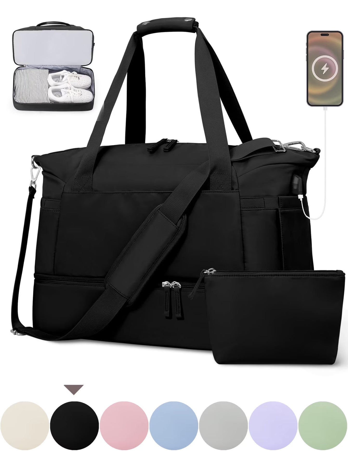 Travel Duffel Bag for Women Gym Bag with USB Charging Port Large Weekender Overnight Bag Yoga Duffle Bags with Wet Pocket and Shoes Compartment, Black
