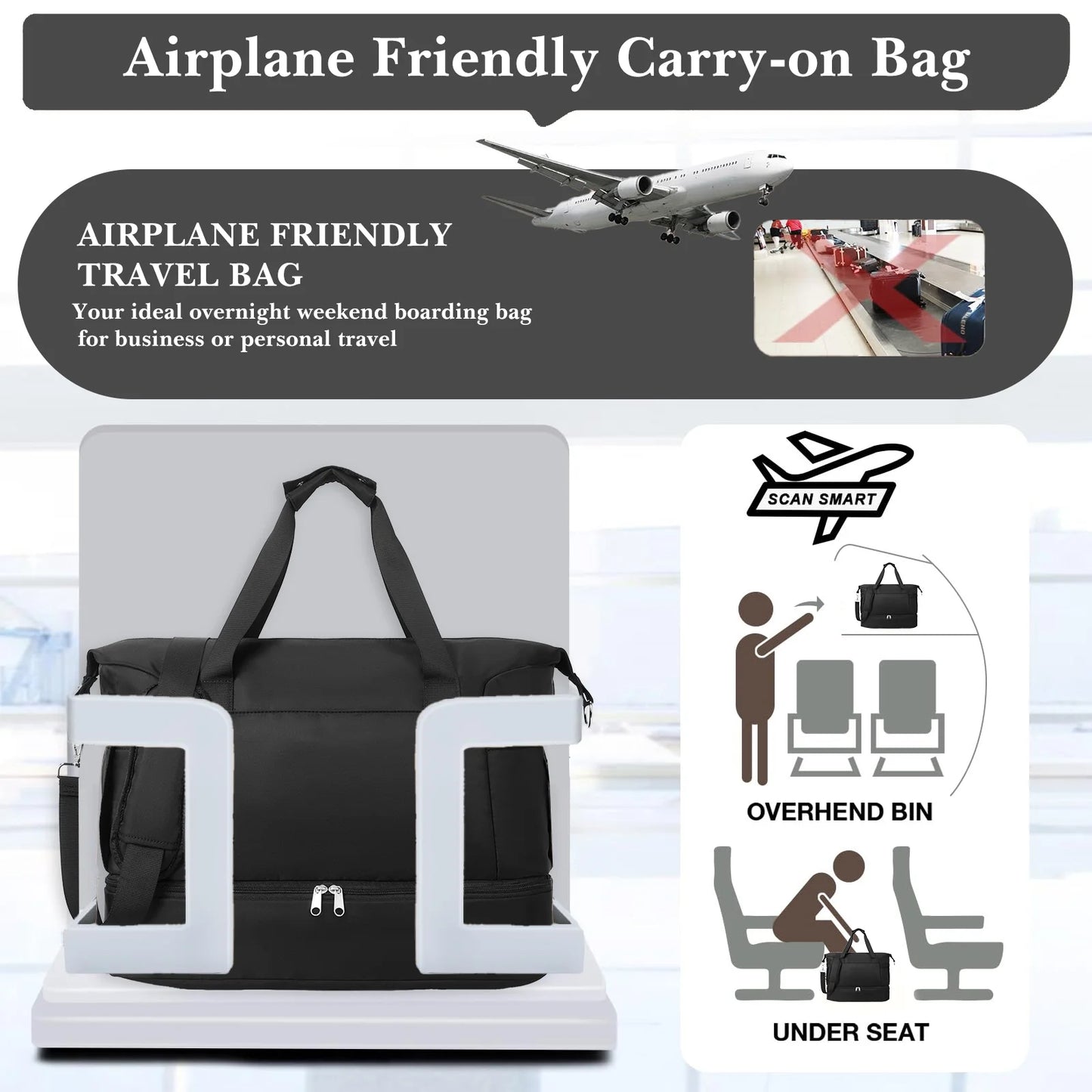 Travel Duffel Bag for Women Gym Bag with USB Charging Port Large Weekender Overnight Bag Yoga Duffle Bags with Wet Pocket and Shoes Compartment, Black