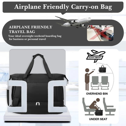 Travel Duffel Bag for Women Gym Bag with USB Charging Port Large Weekender Overnight Bag Yoga Duffle Bags with Wet Pocket and Shoes Compartment, Black