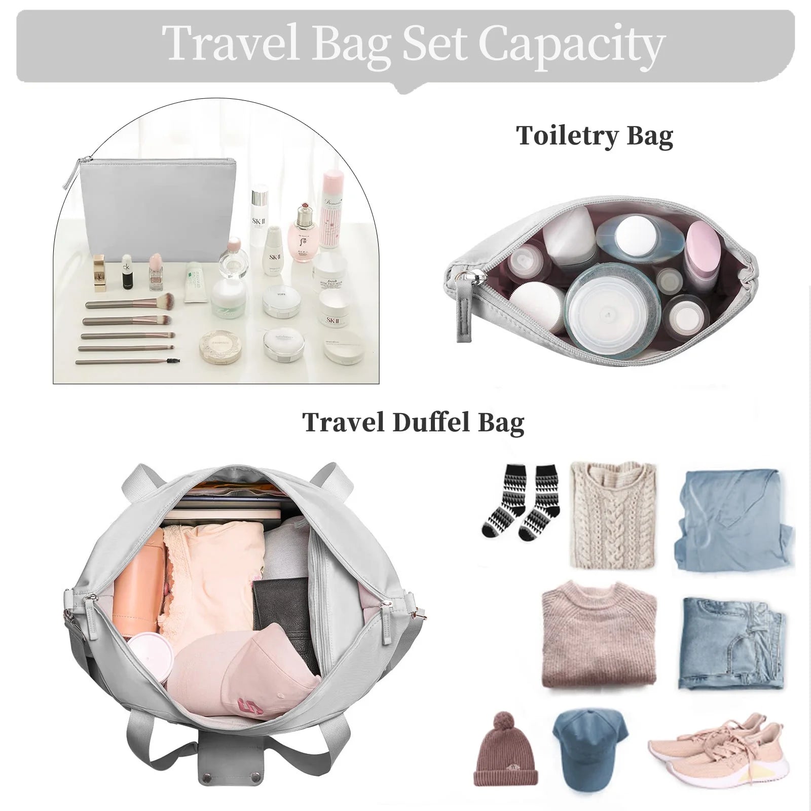 Travel Duffel Bag for Women Gym Bag with USB Charging Port Large Weekender Overnight Bag Yoga Duffle Bags with Wet Pocket and Shoes Compartment, Gray