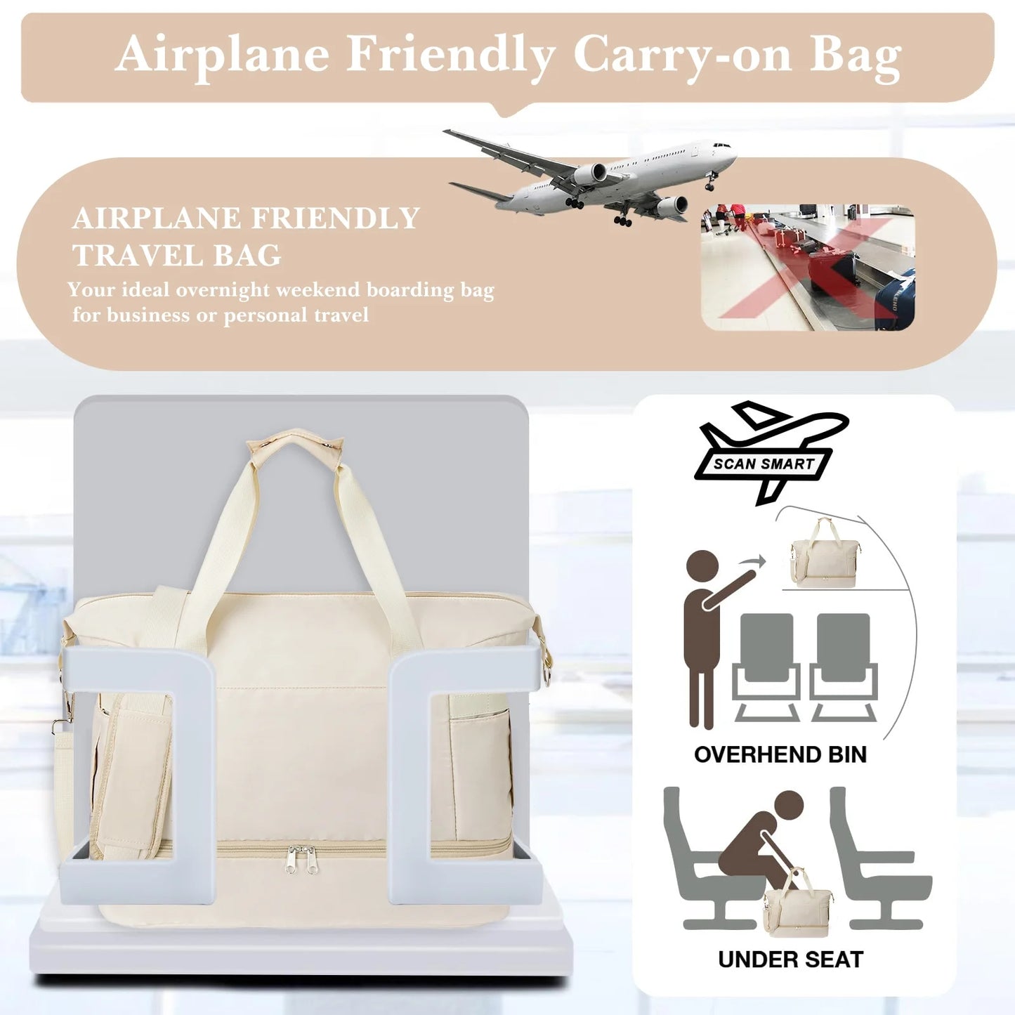 Travel Duffel Bag for Women Gym Bag with USB Charging Port Large Weekender Overnight Bag Yoga Duffle Bags with Wet Pocket and Shoes Compartment, Beige