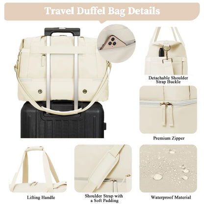 Travel Duffel Bag for Women Gym Bag with USB Charging Port Large Weekender Overnight Bag Yoga Duffle Bags with Wet Pocket and Shoes Compartment, Beige