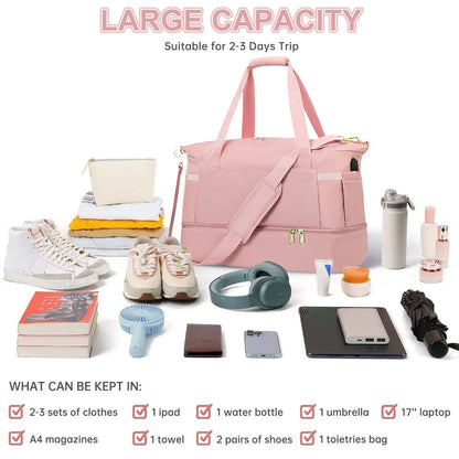 Travel Duffel Bag for Women Gym Bag with USB Charging Port Large Weekender Overnight Bag Yoga Duffle Bags with Wet Pocket and Shoes Compartment, Pink