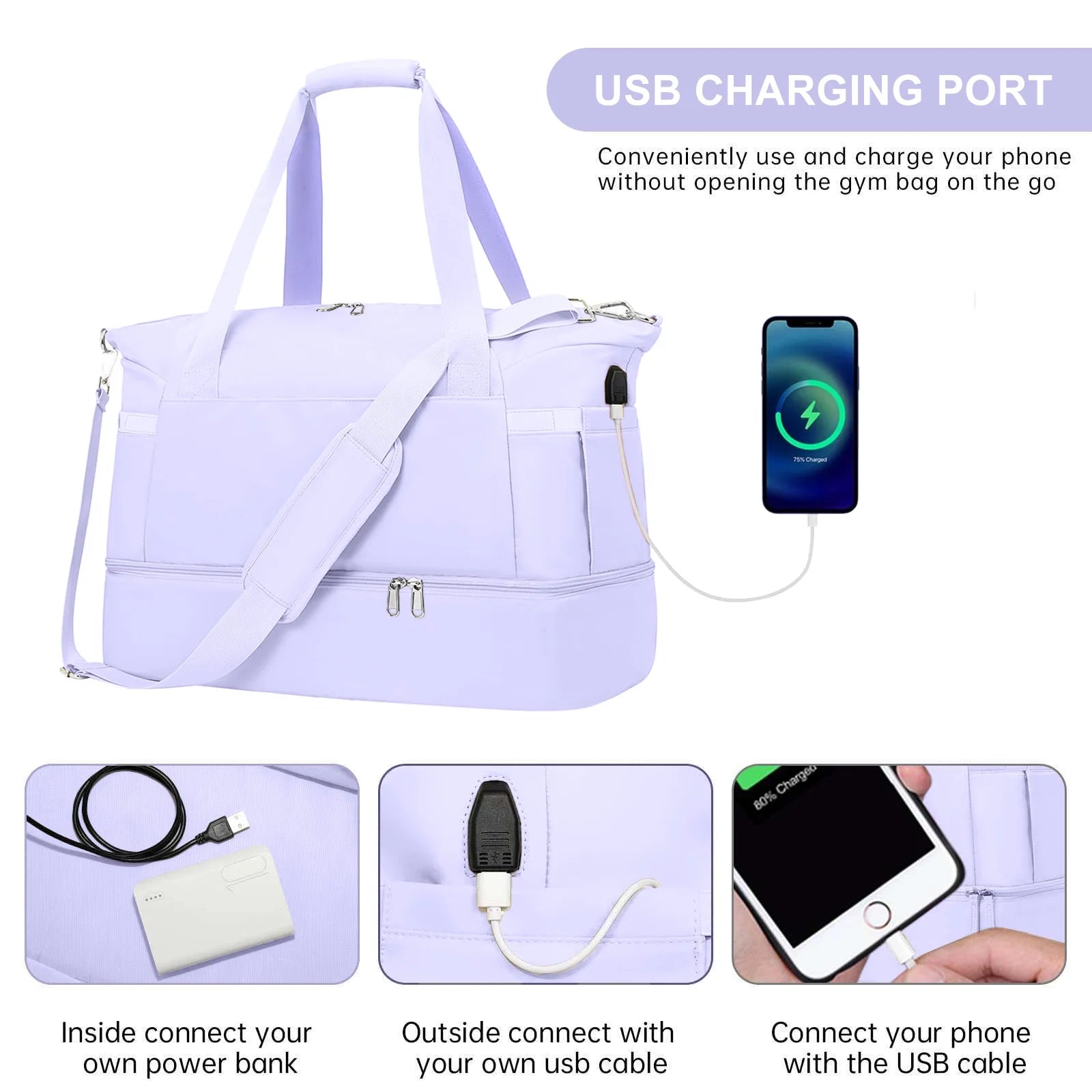 Travel Duffel Bag for Women Gym Bag with USB Charging Port Large Weekender Overnight Bag Yoga Duffle Bags with Wet Pocket and Shoes Compartment, Purple
