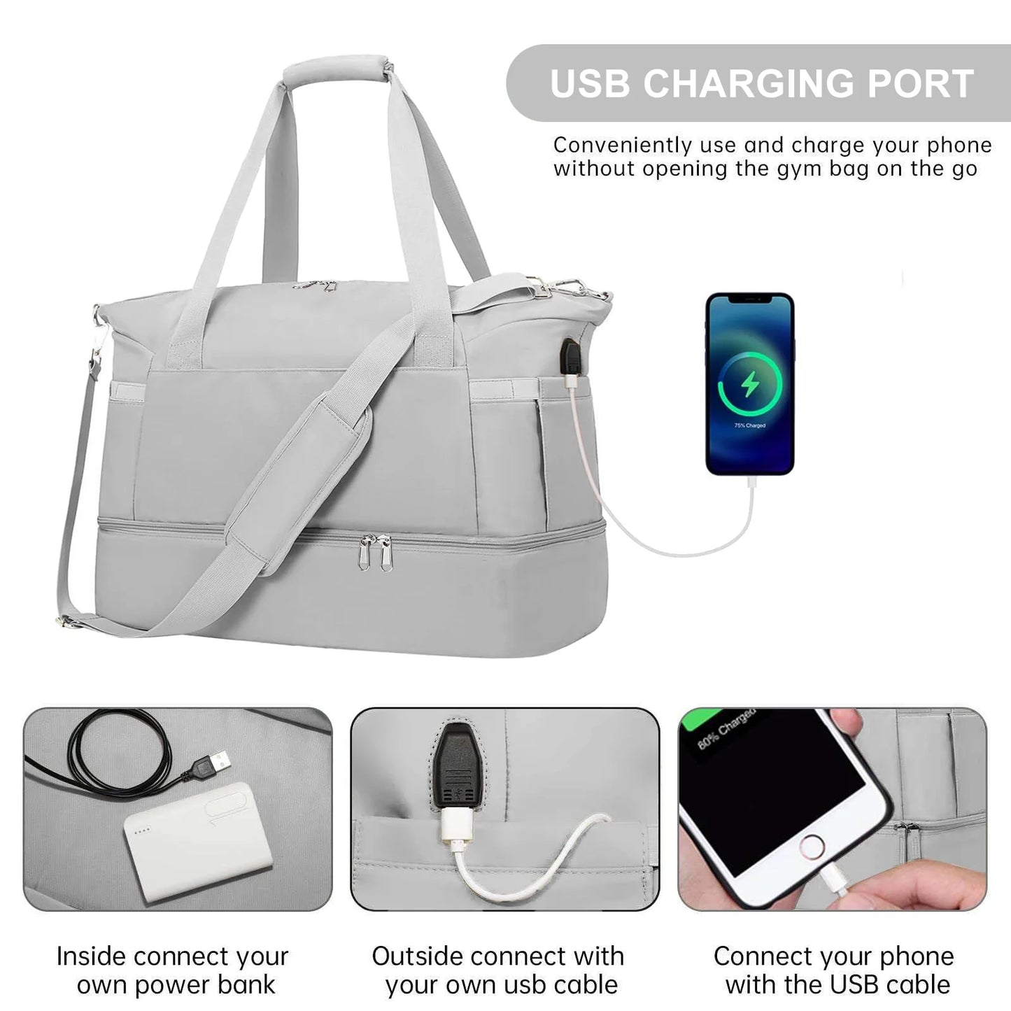 Travel Duffel Bag for Women Gym Bag with USB Charging Port Large Weekender Overnight Bag Yoga Duffle Bags with Wet Pocket and Shoes Compartment, Gray