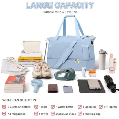 Travel Duffel Bag for Women Gym Bag with USB Charging Port Large Weekender Overnight Bag Yoga Duffle Bags with Wet Pocket and Shoes Compartment, Blue
