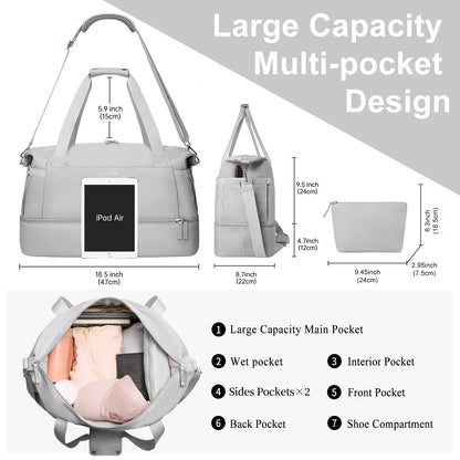 Travel Duffel Bag for Women Gym Bag with USB Charging Port Large Weekender Overnight Bag Yoga Duffle Bags with Wet Pocket and Shoes Compartment, Gray