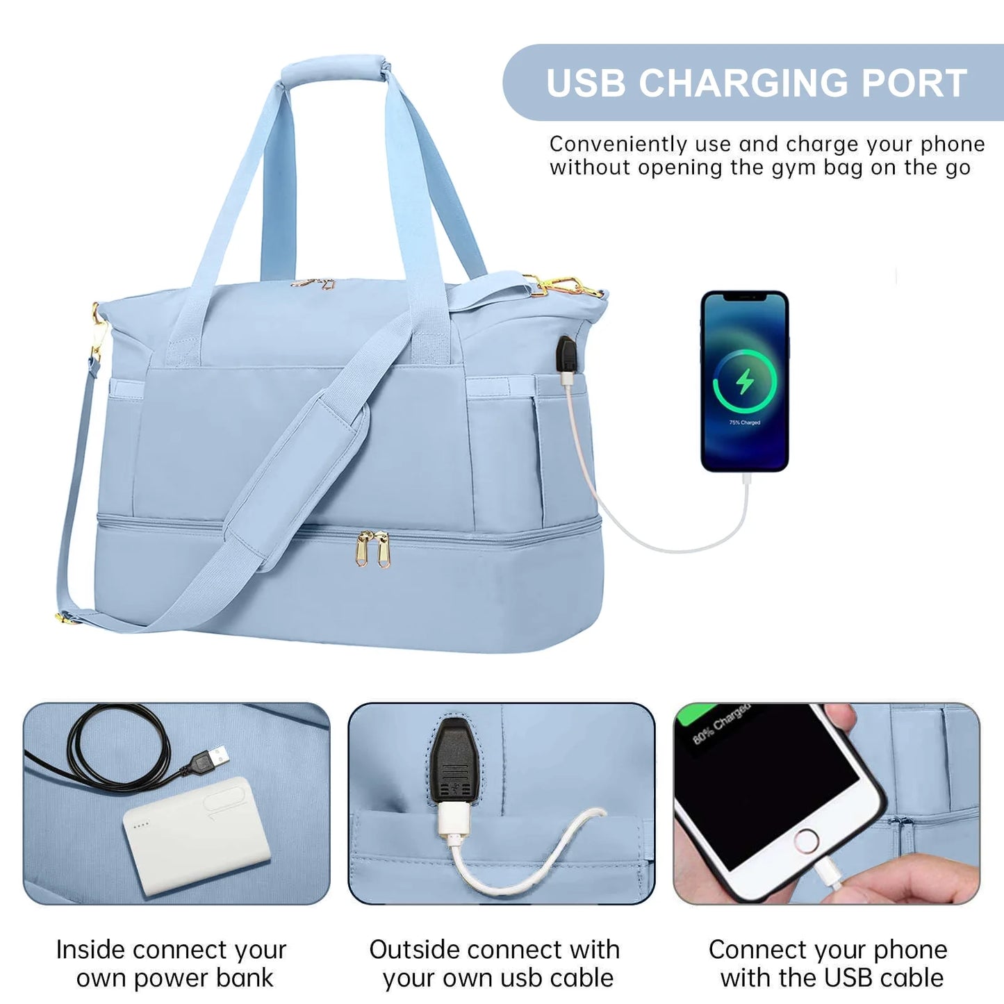 Travel Duffel Bag for Women Gym Bag with USB Charging Port Large Weekender Overnight Bag Yoga Duffle Bags with Wet Pocket and Shoes Compartment, Blue