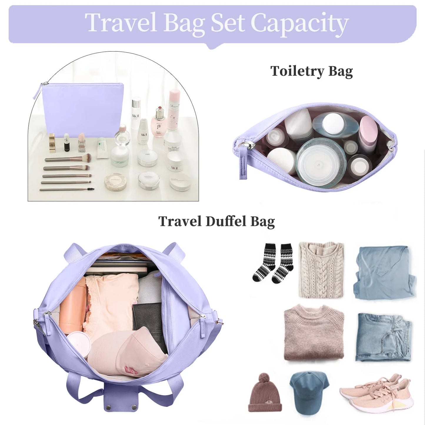 Travel Duffel Bag for Women Gym Bag with USB Charging Port Large Weekender Overnight Bag Yoga Duffle Bags with Wet Pocket and Shoes Compartment, Purple