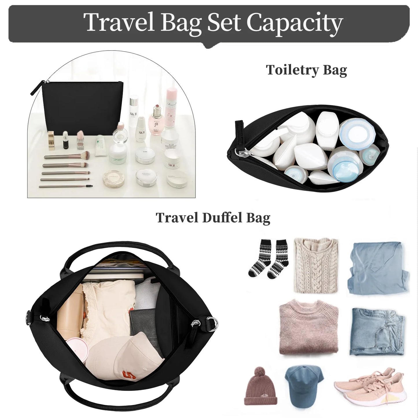 Travel Duffel Bag for Women Gym Bag with USB Charging Port Large Weekender Overnight Bag Yoga Duffle Bags with Wet Pocket and Shoes Compartment, Black