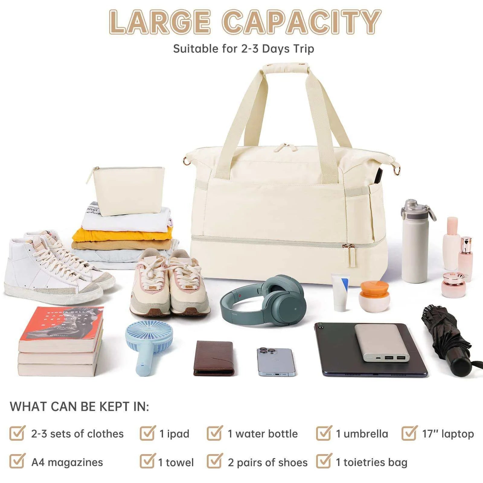 Travel Duffel Bag for Women Gym Bag with USB Charging Port Large Weekender Overnight Bag Yoga Duffle Bags with Wet Pocket and Shoes Compartment, Beige