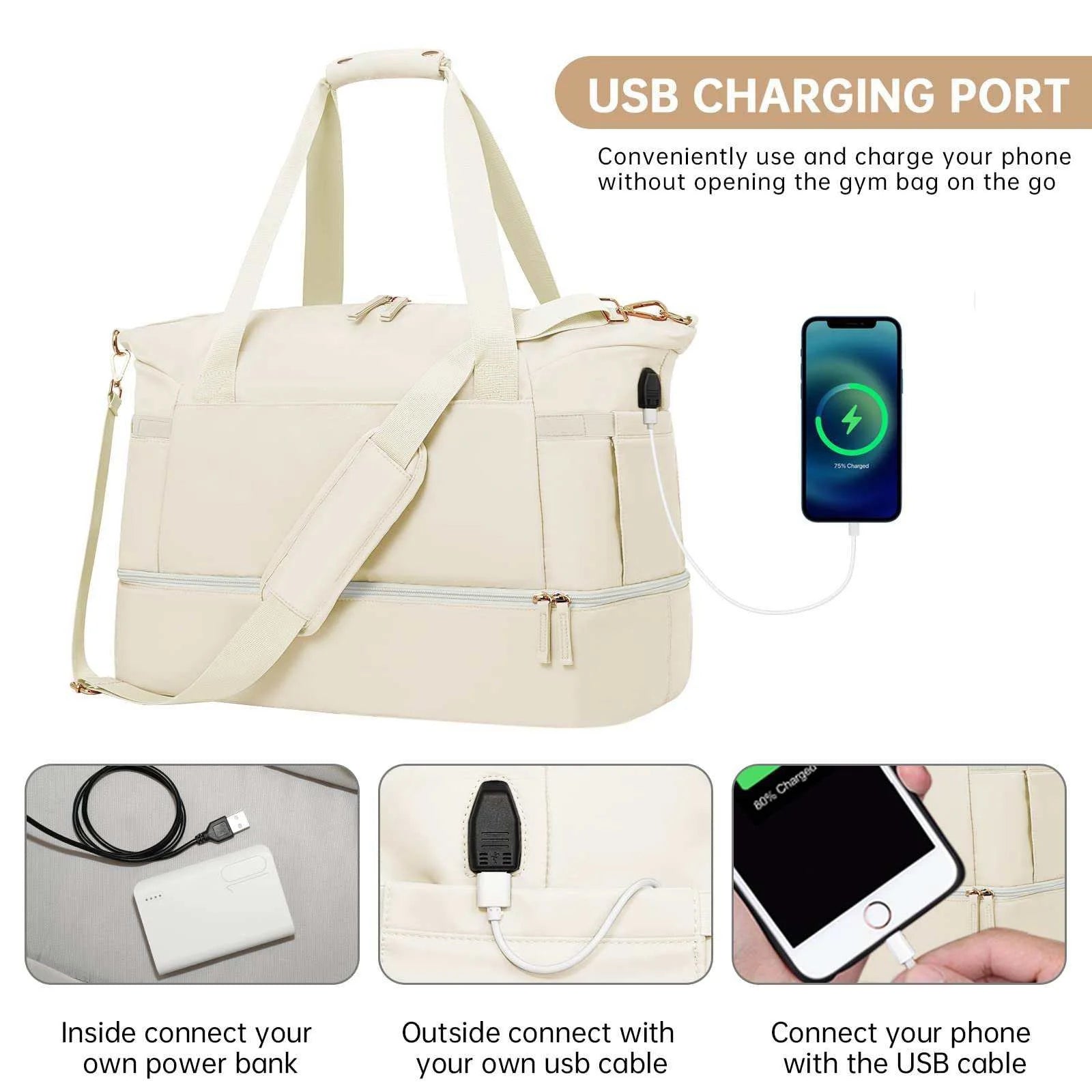 Travel Duffel Bag for Women Gym Bag with USB Charging Port Large Weekender Overnight Bag Yoga Duffle Bags with Wet Pocket and Shoes Compartment, Beige
