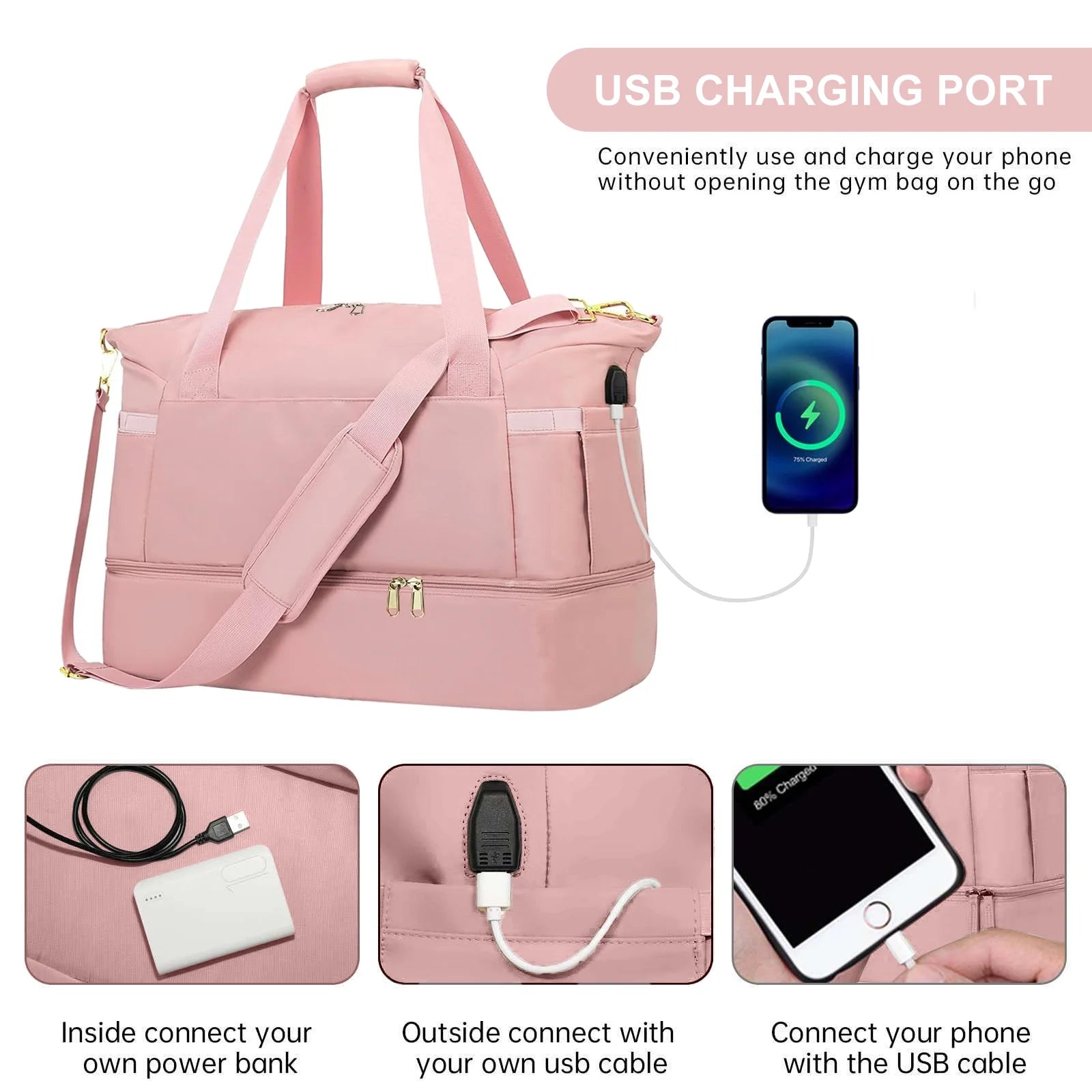 Travel Duffel Bag for Women Gym Bag with USB Charging Port Large Weekender Overnight Bag Yoga Duffle Bags with Wet Pocket and Shoes Compartment, Pink
