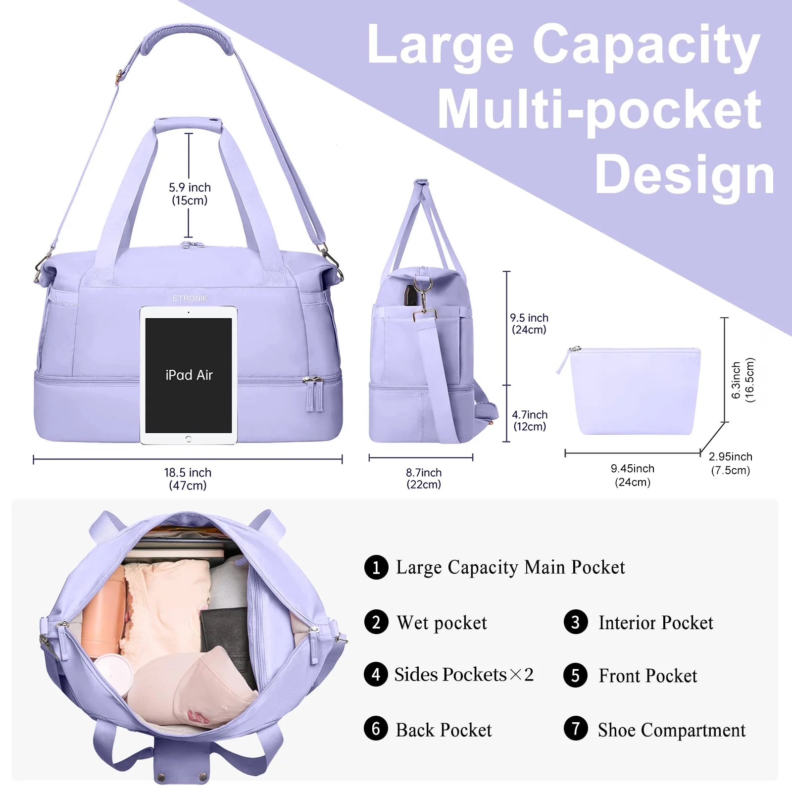 Travel Duffel Bag for Women Gym Bag with USB Charging Port Large Weekender Overnight Bag Yoga Duffle Bags with Wet Pocket and Shoes Compartment, Purple