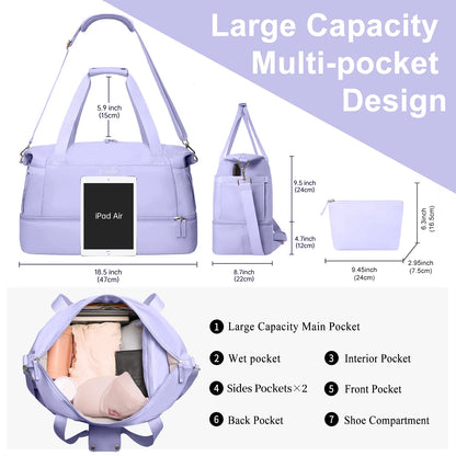 Travel Duffel Bag for Women Gym Bag with USB Charging Port Large Weekender Overnight Bag Yoga Duffle Bags with Wet Pocket and Shoes Compartment, Purple