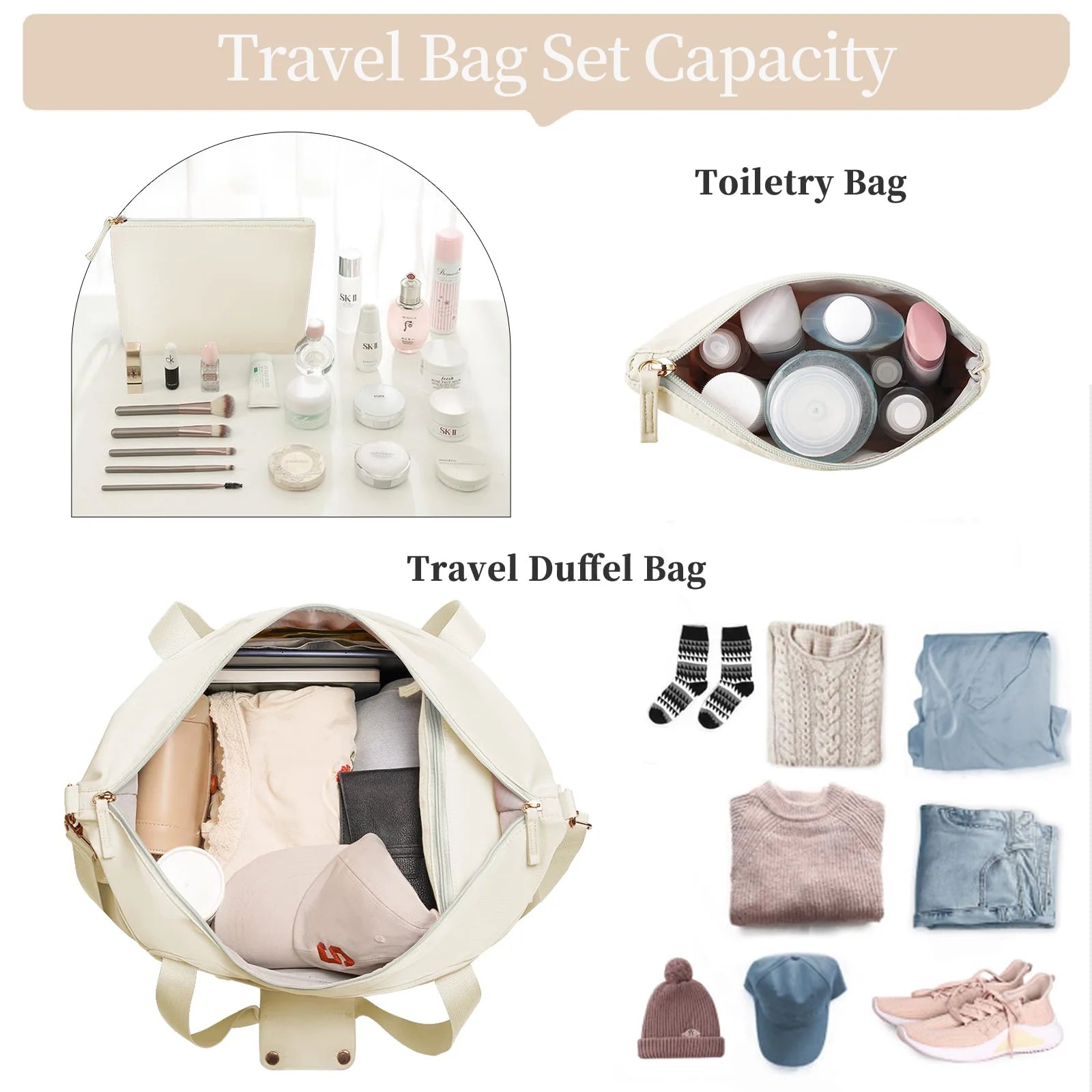 Travel Duffel Bag for Women Gym Bag with USB Charging Port Large Weekender Overnight Bag Yoga Duffle Bags with Wet Pocket and Shoes Compartment, Beige