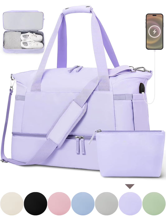 Travel Duffel Bag for Women Gym Bag with USB Charging Port Large Weekender Overnight Bag Yoga Duffle Bags with Wet Pocket and Shoes Compartment, Purple