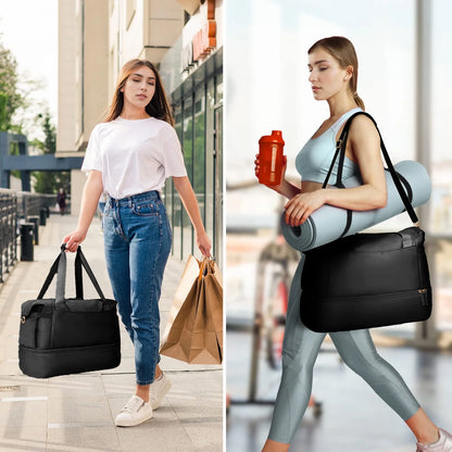 Travel Duffel Bag for Women Gym Bag with USB Charging Port Large Weekender Overnight Bag Yoga Duffle Bags with Wet Pocket and Shoes Compartment, Black