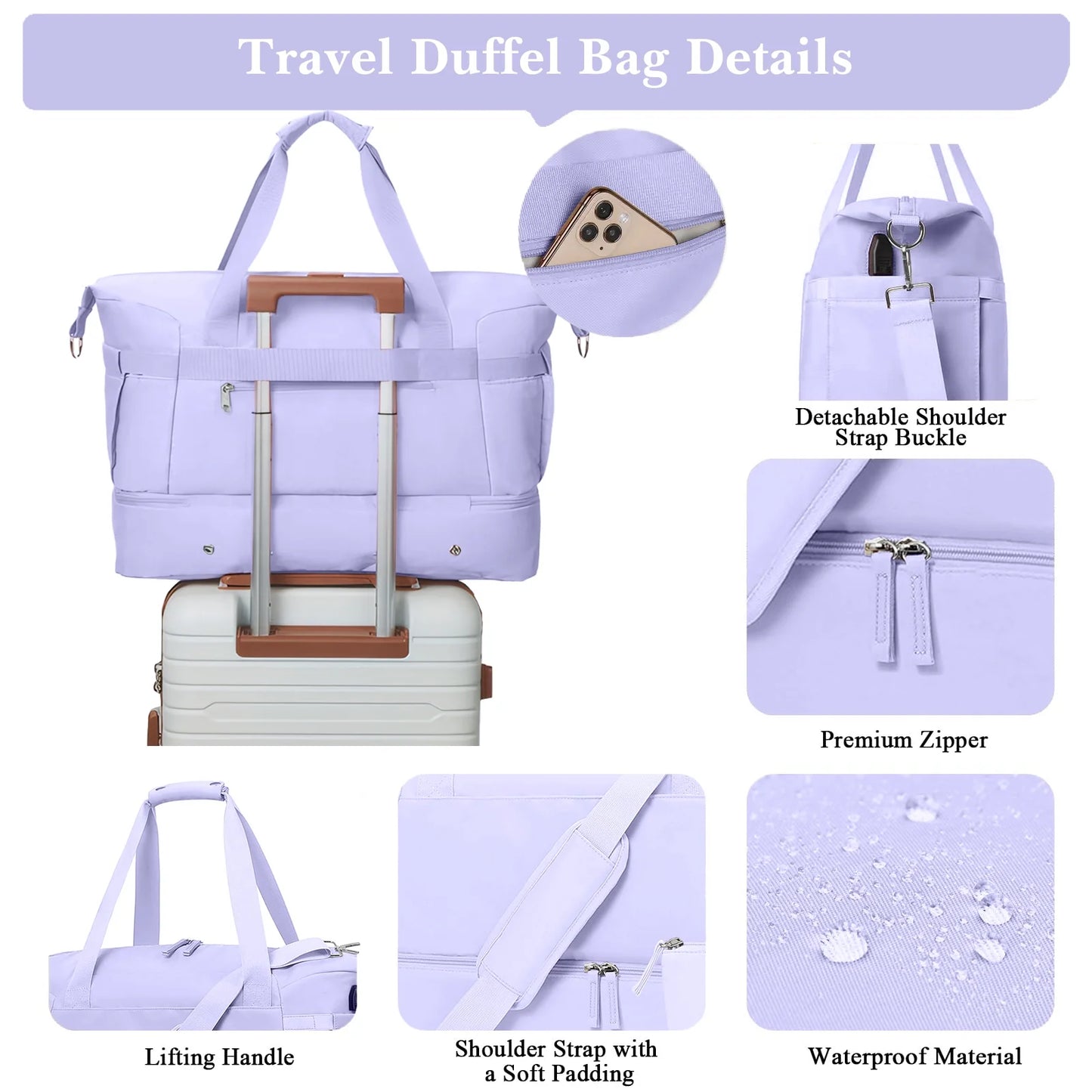 Travel Duffel Bag for Women Gym Bag with USB Charging Port Large Weekender Overnight Bag Yoga Duffle Bags with Wet Pocket and Shoes Compartment, Purple