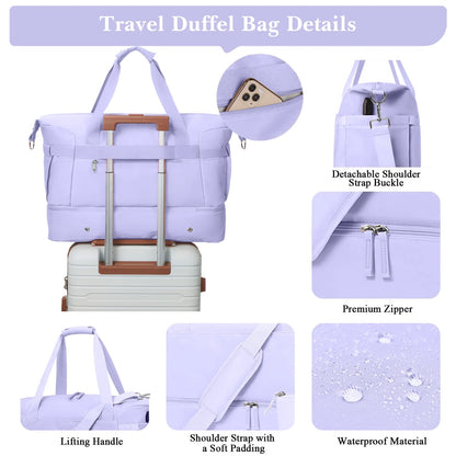 Travel Duffel Bag for Women Gym Bag with USB Charging Port Large Weekender Overnight Bag Yoga Duffle Bags with Wet Pocket and Shoes Compartment, Purple