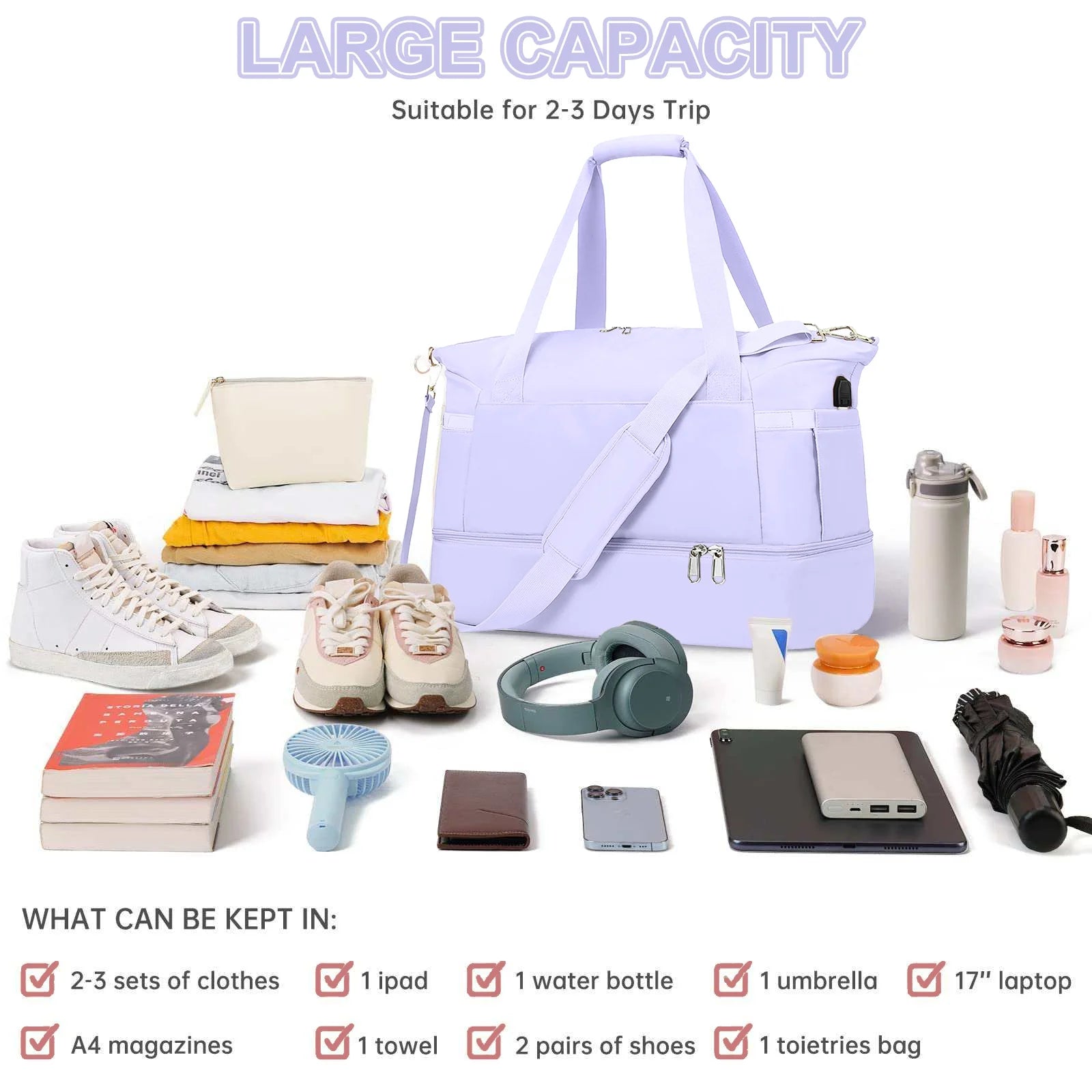 Travel Duffel Bag for Women Gym Bag with USB Charging Port Large Weekender Overnight Bag Yoga Duffle Bags with Wet Pocket and Shoes Compartment, Purple