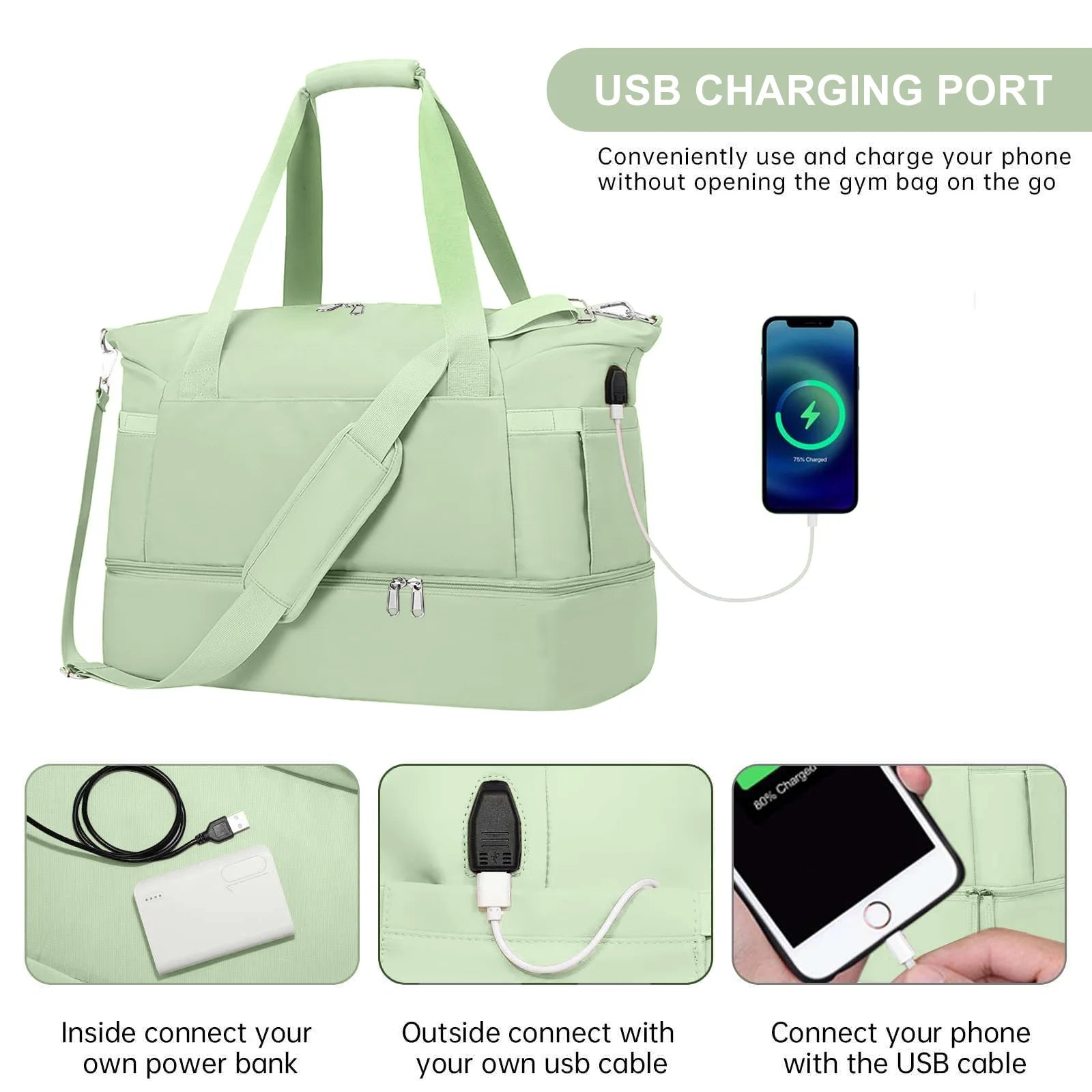 Travel Duffel Bag for Women Gym Bag with USB Charging Port Large Weekender Overnight Bag Yoga Duffle Bags with Wet Pocket and Shoes Compartment, Green