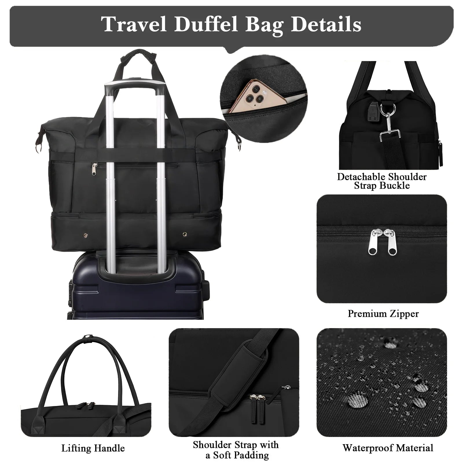 Travel Duffel Bag for Women Gym Bag with USB Charging Port Large Weekender Overnight Bag Yoga Duffle Bags with Wet Pocket and Shoes Compartment, Black