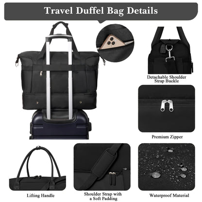 Travel Duffel Bag for Women Gym Bag with USB Charging Port Large Weekender Overnight Bag Yoga Duffle Bags with Wet Pocket and Shoes Compartment, Black