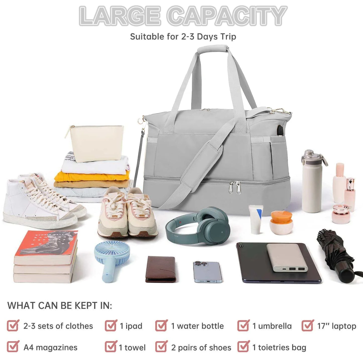 Travel Duffel Bag for Women Gym Bag with USB Charging Port Large Weekender Overnight Bag Yoga Duffle Bags with Wet Pocket and Shoes Compartment, Gray