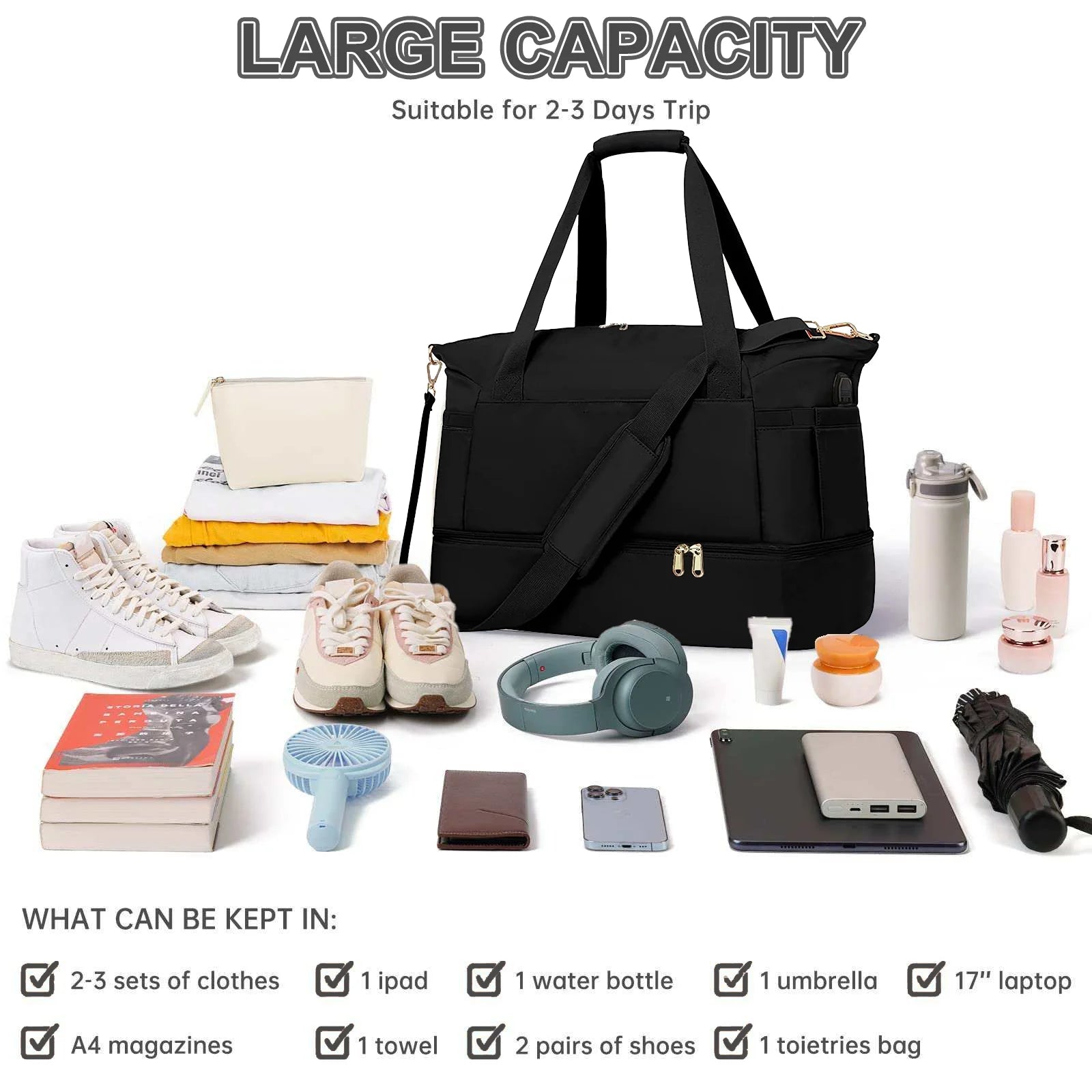 Travel Duffel Bag for Women Gym Bag with USB Charging Port Large Weekender Overnight Bag Yoga Duffle Bags with Wet Pocket and Shoes Compartment, Black