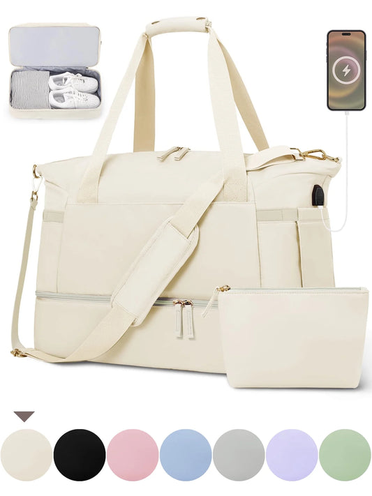Travel Duffel Bag for Women Gym Bag with USB Charging Port Large Weekender Overnight Bag Yoga Duffle Bags with Wet Pocket and Shoes Compartment, Beige