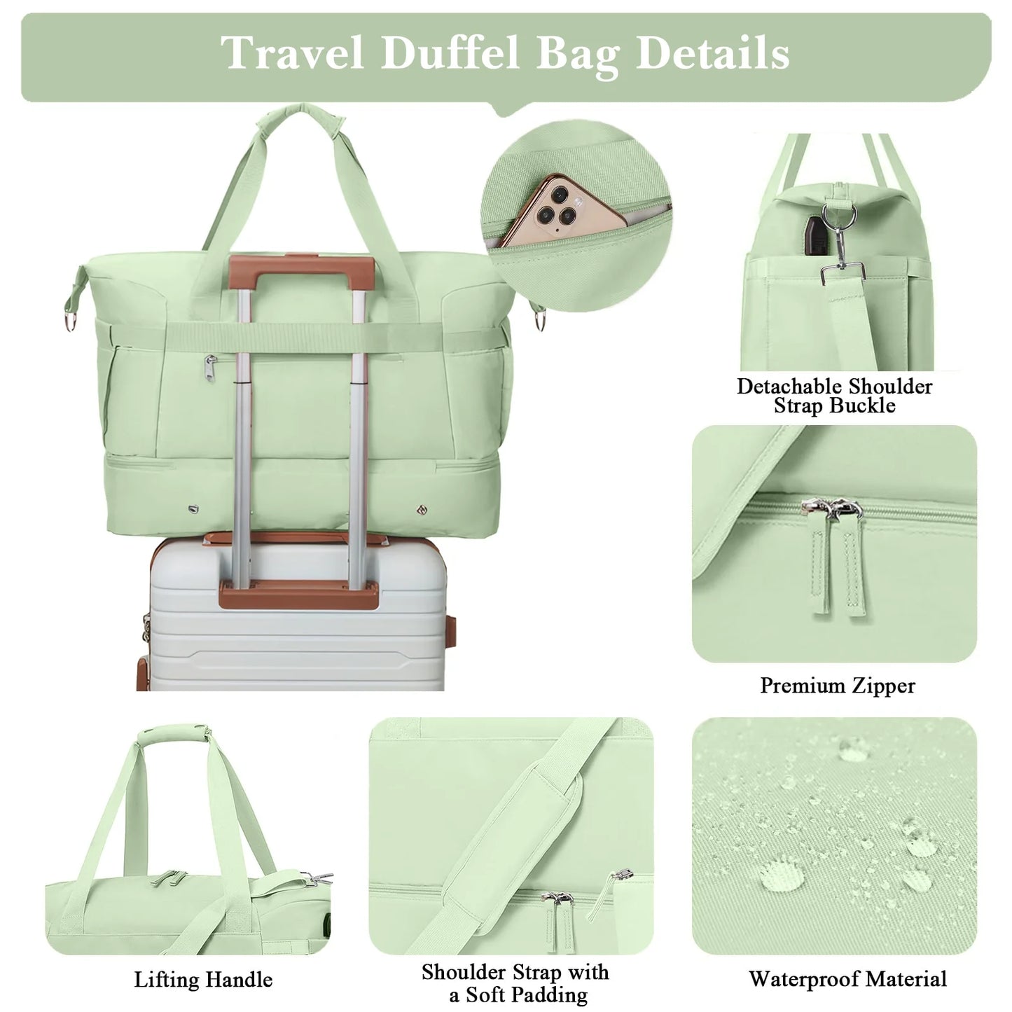 Travel Duffel Bag for Women Gym Bag with USB Charging Port Large Weekender Overnight Bag Yoga Duffle Bags with Wet Pocket and Shoes Compartment, Green