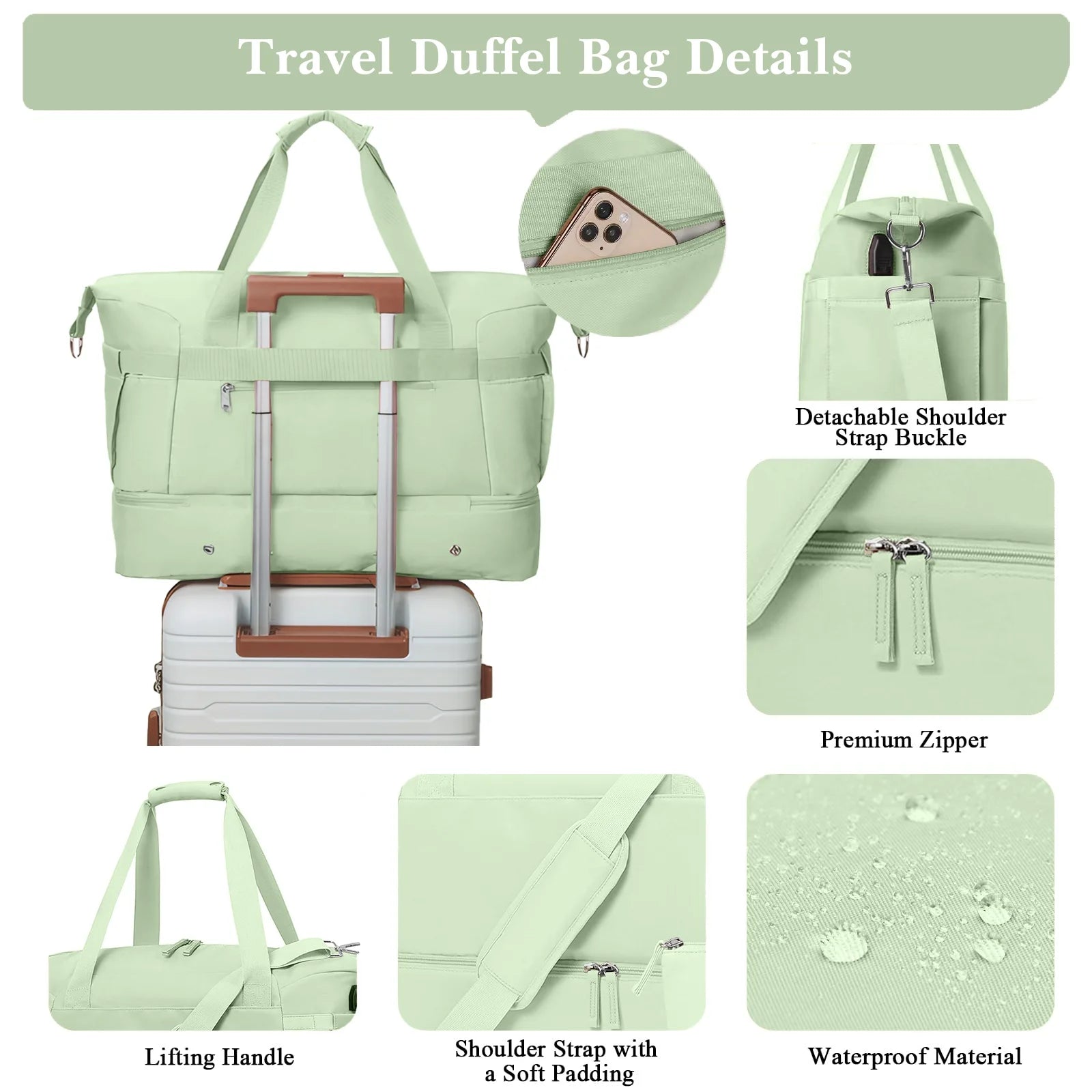 Travel Duffel Bag for Women Gym Bag with USB Charging Port Large Weekender Overnight Bag Yoga Duffle Bags with Wet Pocket and Shoes Compartment, Green