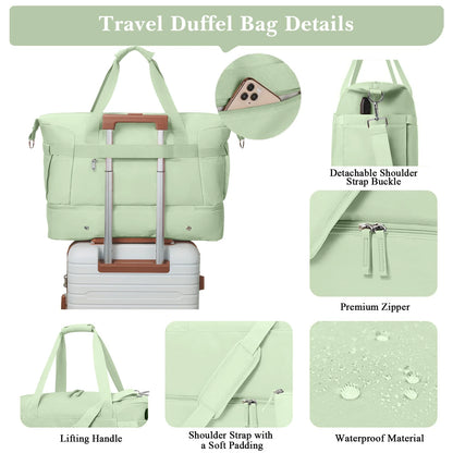 Travel Duffel Bag for Women Gym Bag with USB Charging Port Large Weekender Overnight Bag Yoga Duffle Bags with Wet Pocket and Shoes Compartment, Green