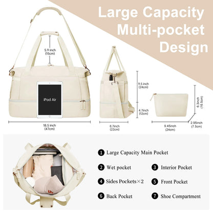 Travel Duffel Bag for Women Gym Bag with USB Charging Port Large Weekender Overnight Bag Yoga Duffle Bags with Wet Pocket and Shoes Compartment, Beige