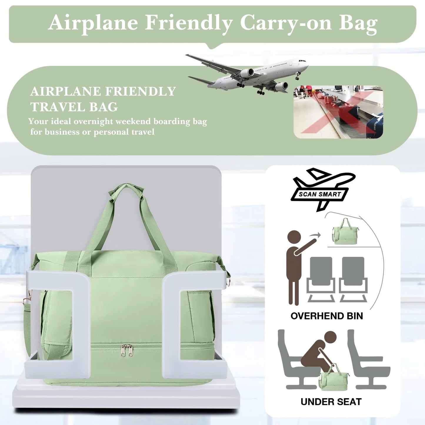 Travel Duffel Bag for Women Gym Bag with USB Charging Port Large Weekender Overnight Bag Yoga Duffle Bags with Wet Pocket and Shoes Compartment, Green