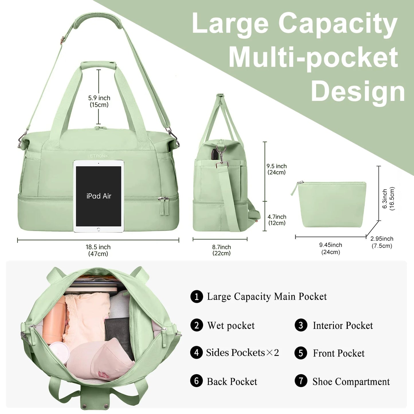 Travel Duffel Bag for Women Gym Bag with USB Charging Port Large Weekender Overnight Bag Yoga Duffle Bags with Wet Pocket and Shoes Compartment, Green