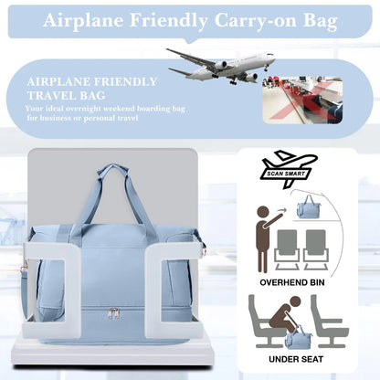 Travel Duffel Bag for Women Gym Bag with USB Charging Port Large Weekender Overnight Bag Yoga Duffle Bags with Wet Pocket and Shoes Compartment, Blue