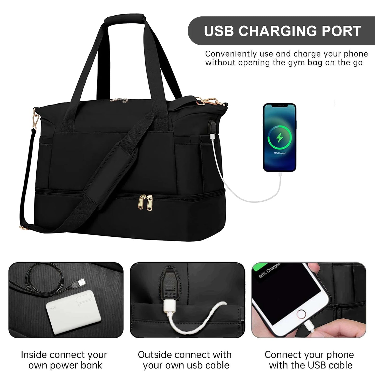 Travel Duffel Bag for Women Gym Bag with USB Charging Port Large Weekender Overnight Bag Yoga Duffle Bags with Wet Pocket and Shoes Compartment, Black