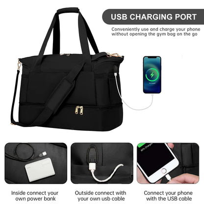 Travel Duffel Bag for Women Gym Bag with USB Charging Port Large Weekender Overnight Bag Yoga Duffle Bags with Wet Pocket and Shoes Compartment, Black